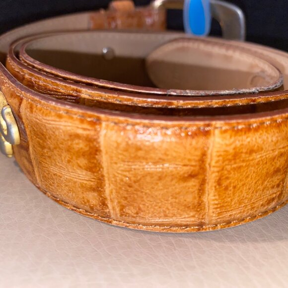 Leather Belt Tan Camel Brown 34 Small Vintage Animal Elephant Lion Metal Accent - Picture 9 of 13